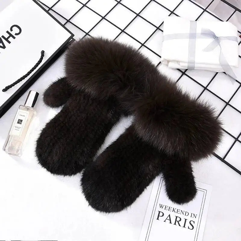 Women's Real Mink Fur Gloves Fox Fur Cuffs Winter | Vexaro