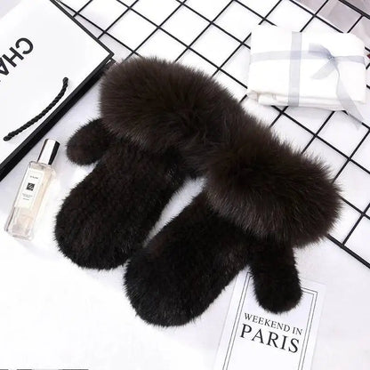Women's Real Mink Fur Gloves Fox Fur Cuffs Winter | Vexaro