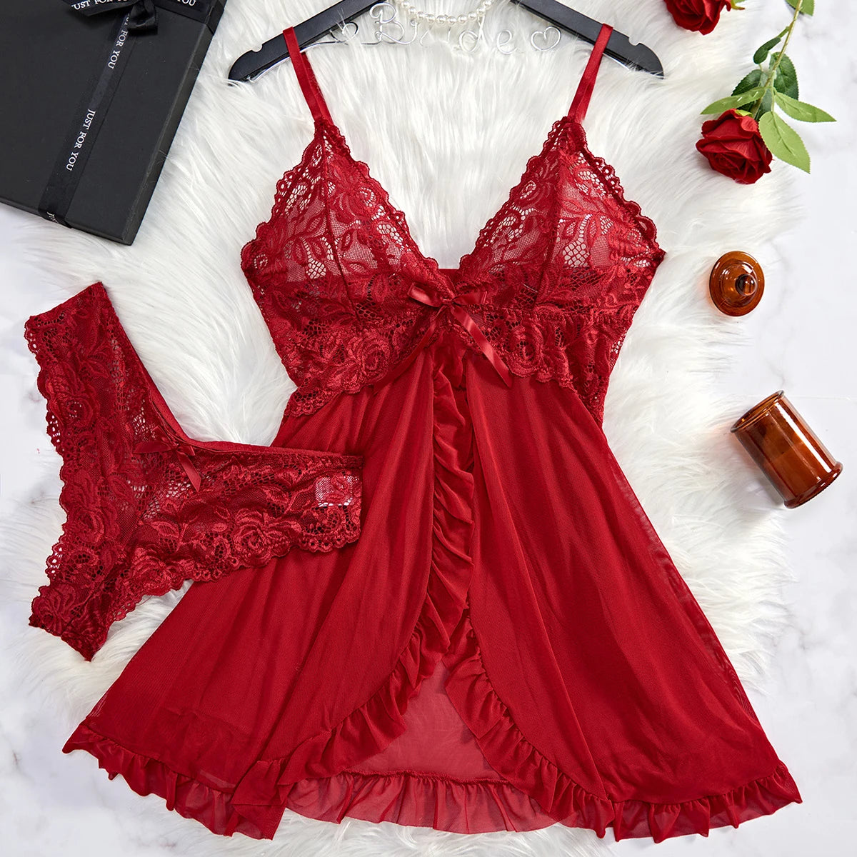 Vexaroa Lace See-Through Nightdress Slim Soft V-Neck Full Slip