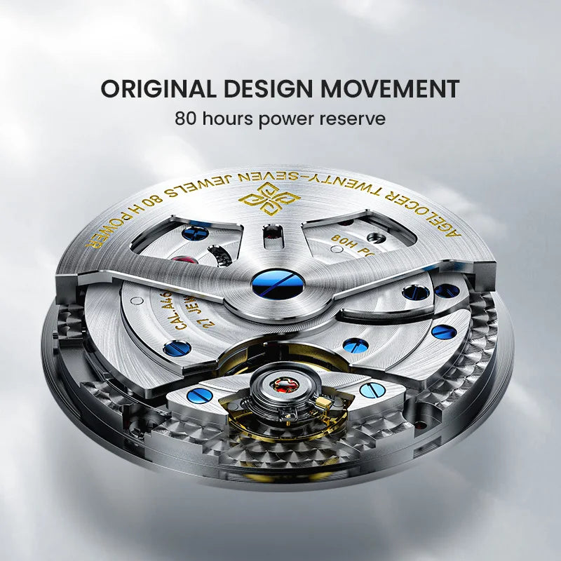 Watch mechanism with 'Original Design Movement' and '80 hours power reserve' text on a light gray background