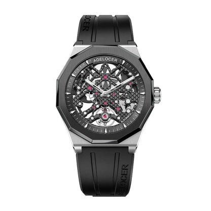 A GeloCER men's watch featuring a black octagonal case, a skeletonized dial showing intricate internal gears, and a black textured rubber strap, presented on a solid white background.