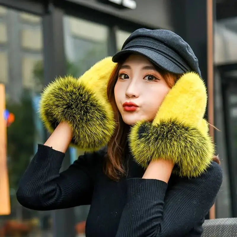 Women's Real Mink Fur Gloves Fox Fur Cuffs Winter | Vexaro