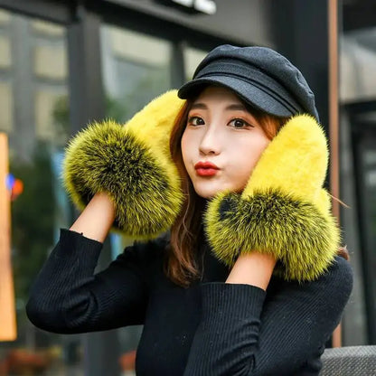 Women's Real Mink Fur Gloves Fox Fur Cuffs Winter | Vexaro