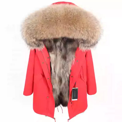 Vexaroa Women's Real Natural Fur Coat Long Hooded Parka with Fur Liner Winter Jacket