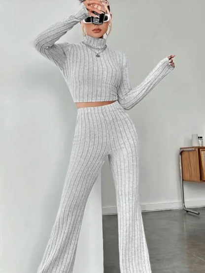 Vexaroa Stand Collar Crop Top & Trumpet Pants 2-Piece Set