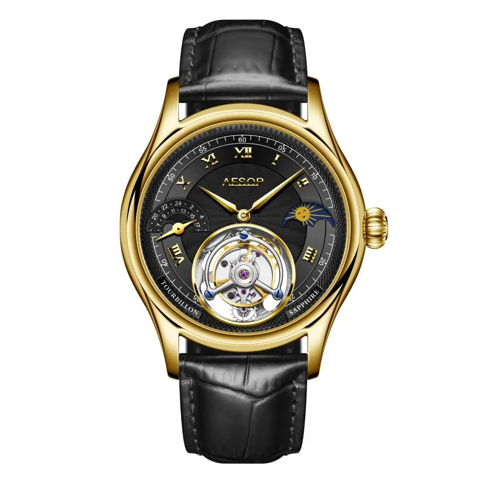 Luxury watch with black leather strap and gold casing on a white background