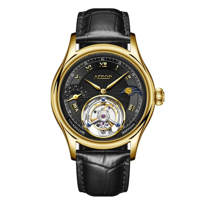 Luxury watch with black leather strap and gold casing on a white background