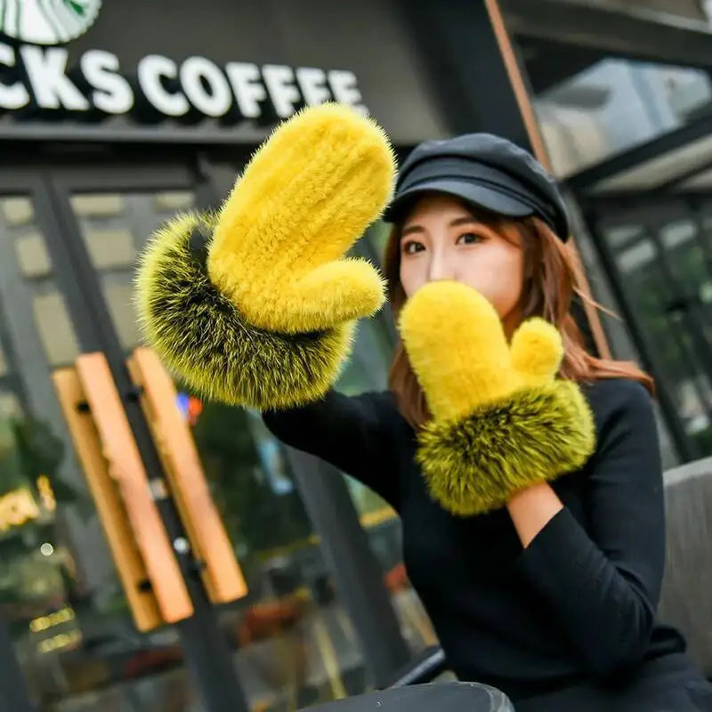Women's Real Mink Fur Gloves Fox Fur Cuffs Winter | Vexaro