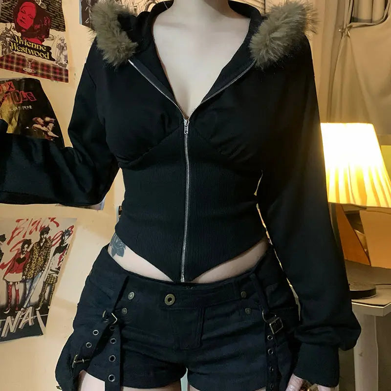 Vexaroa Women's Cropped Gothic Punk Zip-Up Hoodie