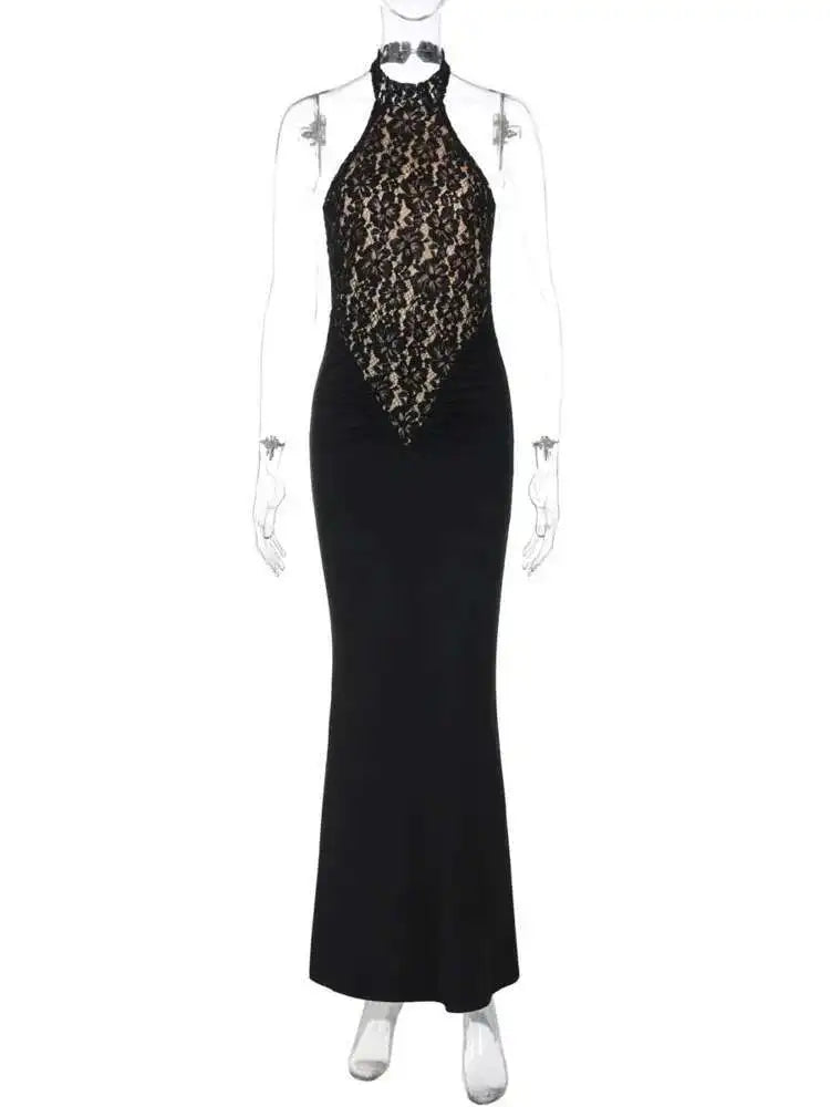 Vexaroa Lace Halter Backless Bodycon Maxi Dress