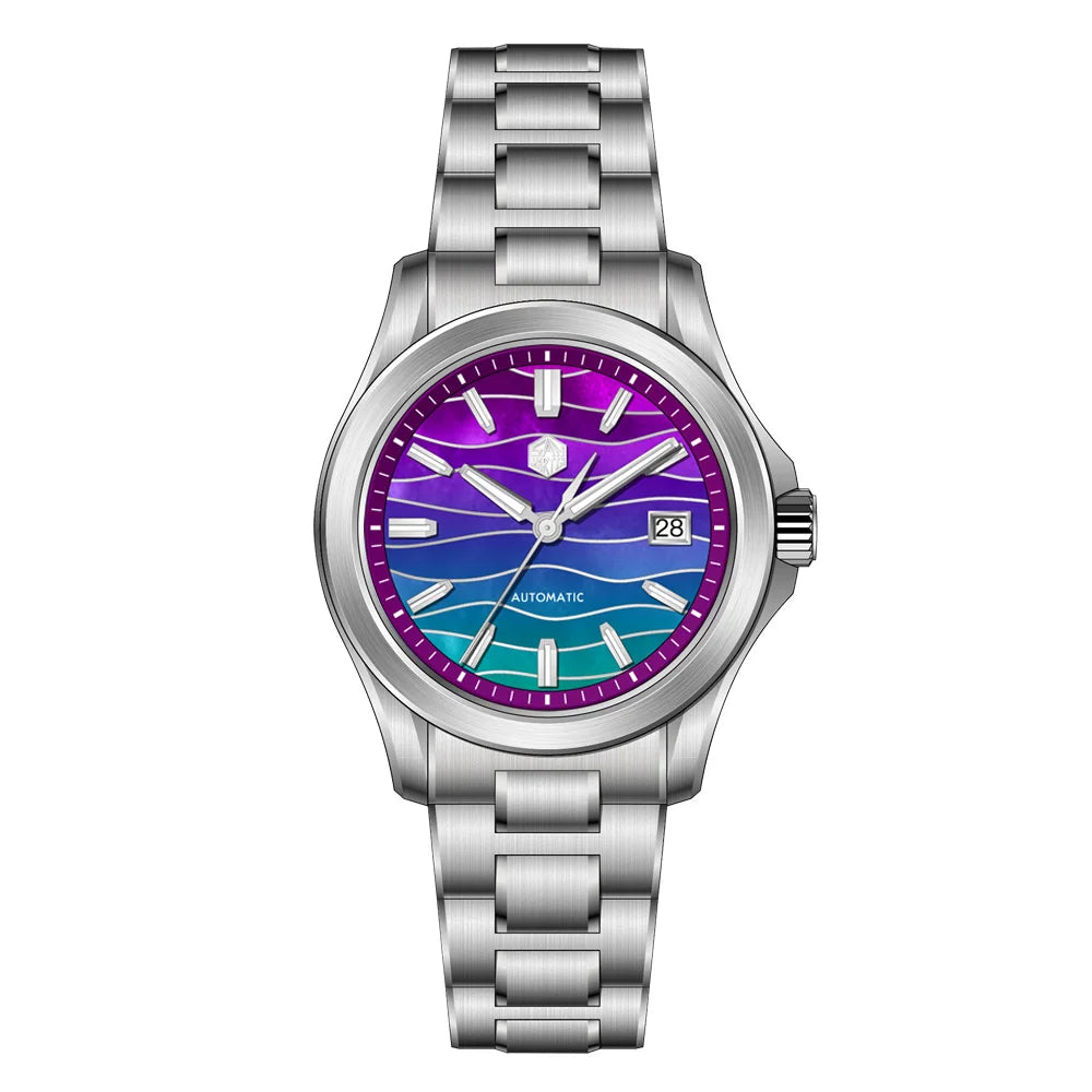 Silver watch with a purple and blue gradient face on a white background