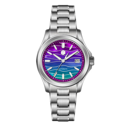 Silver watch with a purple and blue gradient face on a white background