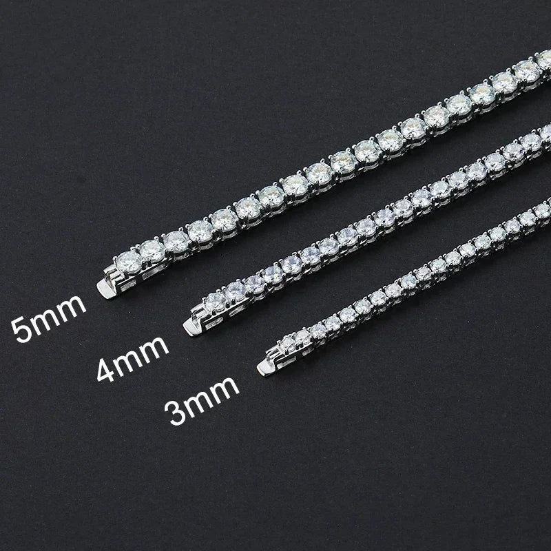 Three silver tennis bracelets with clear stones shown in 5mm, 4mm, and 3mm sizes on a black background.