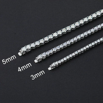 Three silver tennis bracelets with clear stones shown in 5mm, 4mm, and 3mm sizes on a black background.