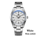 Silver watch with white face and logo on a white background