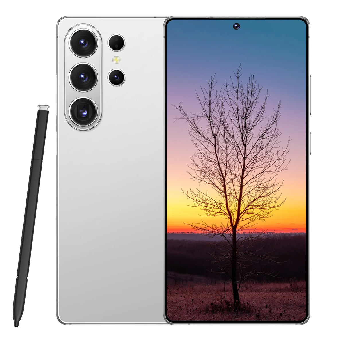 A silver Samsung Galaxy smartphone shown from the back and front, with a black stylus pen beside it on a plain white background. The front screen displays a sunset landscape with a bare tree silhouette.
