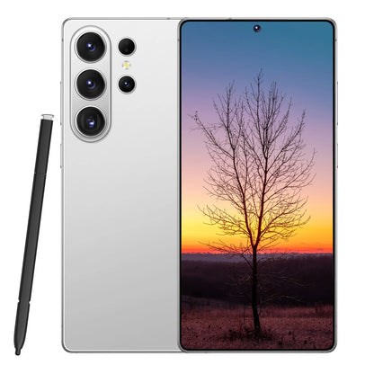 A silver Samsung Galaxy smartphone shown from the back and front, with a black stylus pen beside it on a plain white background. The front screen displays a sunset landscape with a bare tree silhouette.