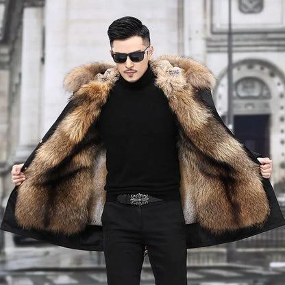Men Faux Fur Hooded Parka Coat Padded Jacket Winter Outwear Lining Non-detachable Machine-wash Available