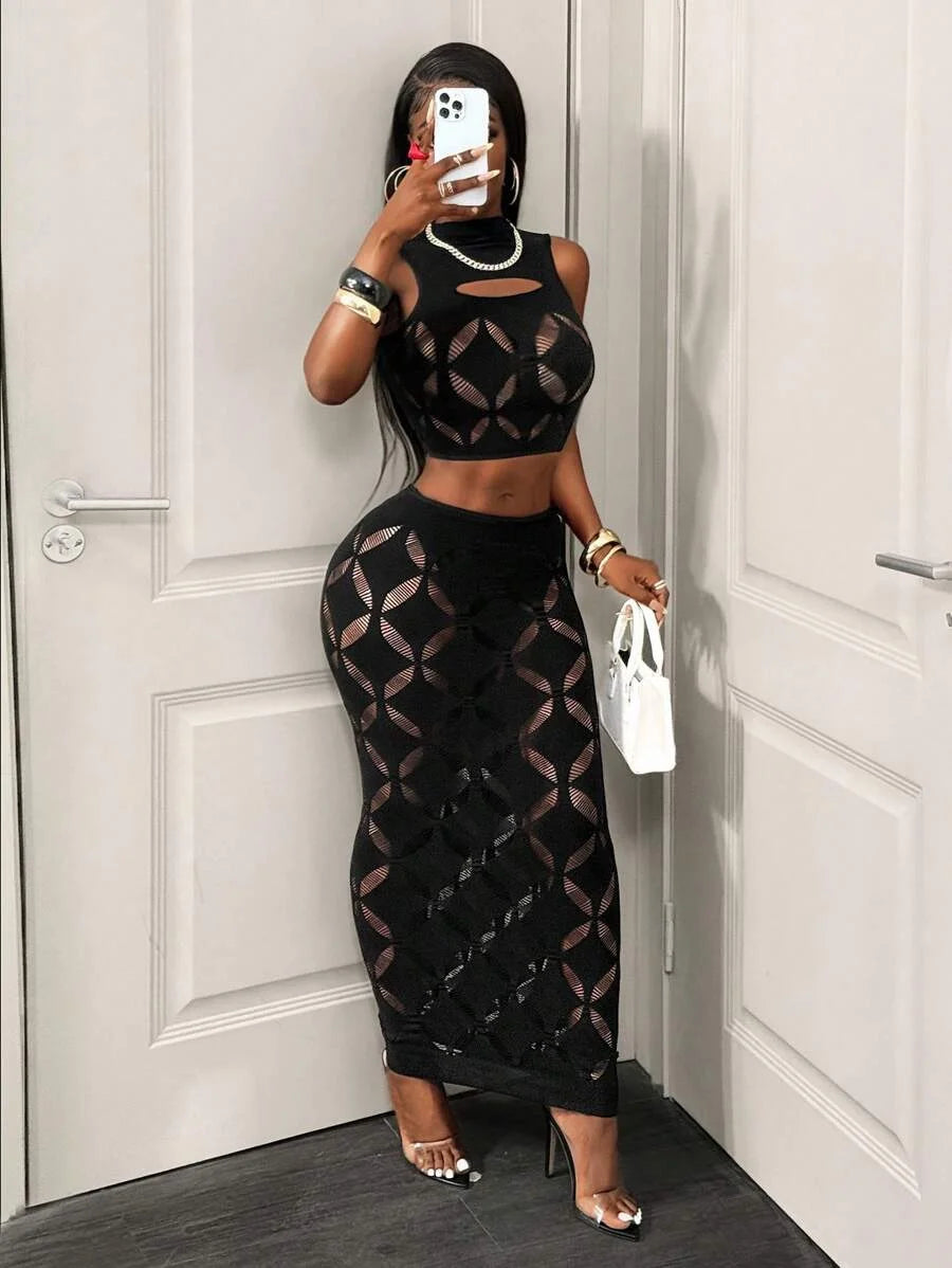 Plus Size 2PCS Women's Sexy Set See Through Mesh Hollow Out Crop Tank & High Waist Bodycon Mini Skirt Stretechy Clubwear