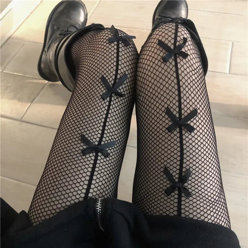 Pantyhose Bow Knot Fishnet Stockings Women Spicy Girl Black White Sexy Thin Ins Tide Lace Tights