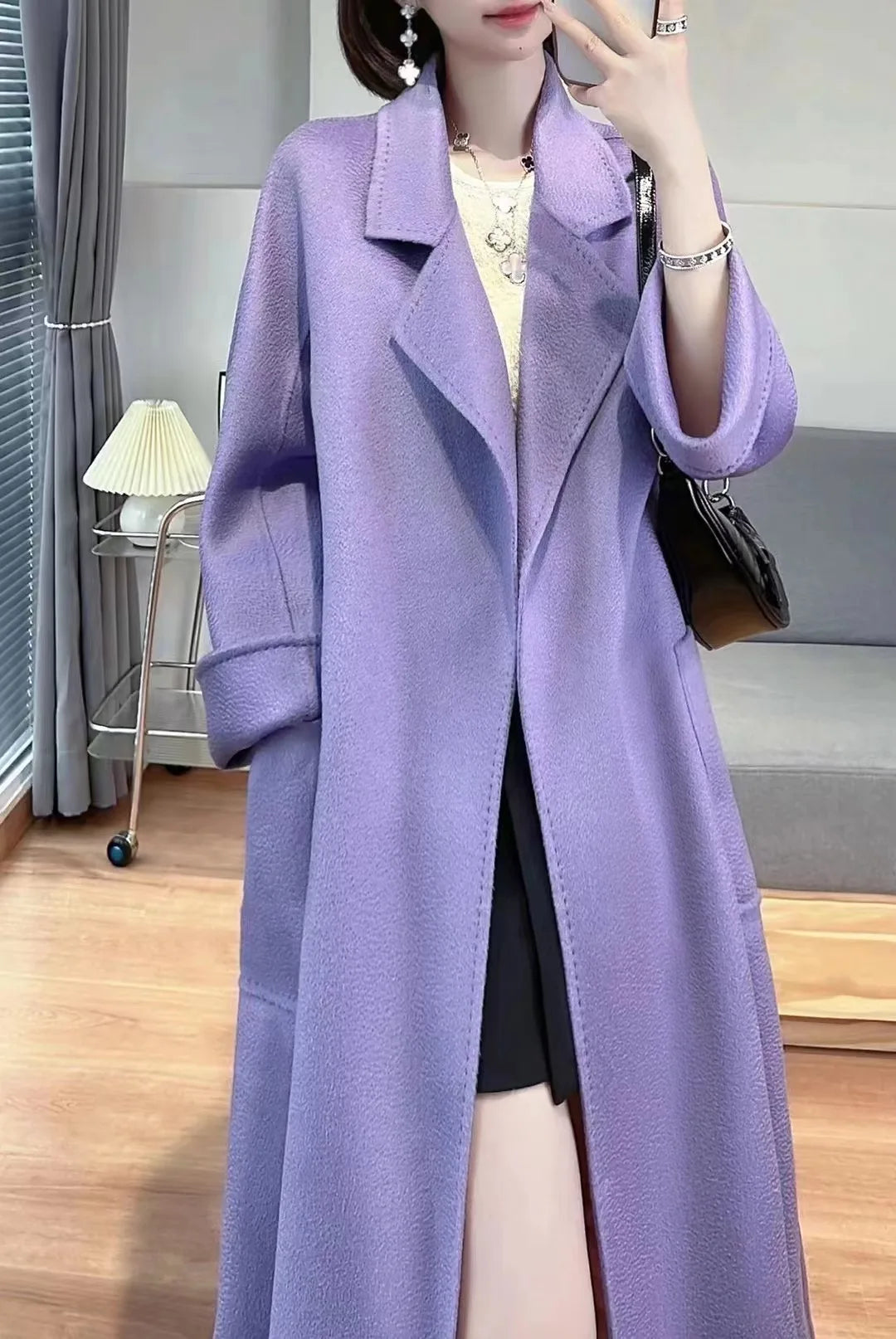 Women's Long Water Ripple Double-Faced Wool Wrap Coat at Vexaroa