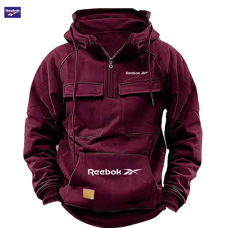 Vexaroa Men's Patchwork Hooded Sweatshirt Multi-Pocket Casual Reebok
