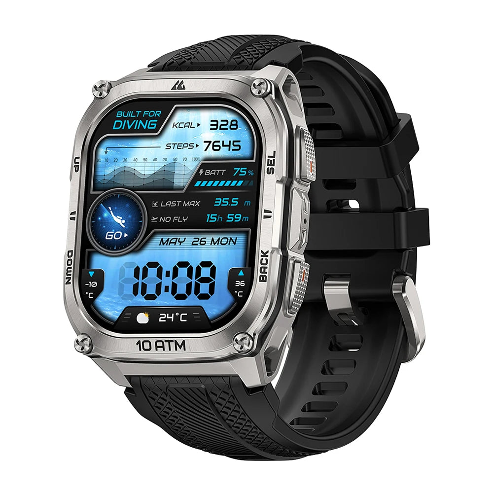 Digital smartwatch with black strap and silver casing on a white background