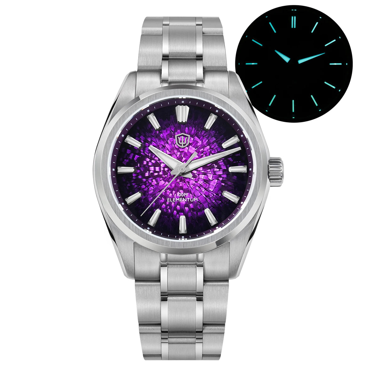 Silver watch with a purple face and dark background inset, on a white background