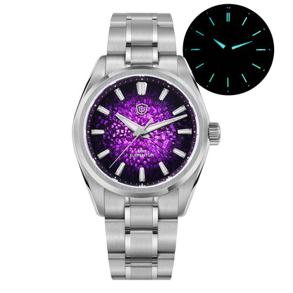 Silver watch with a purple face and dark background inset, on a white background
