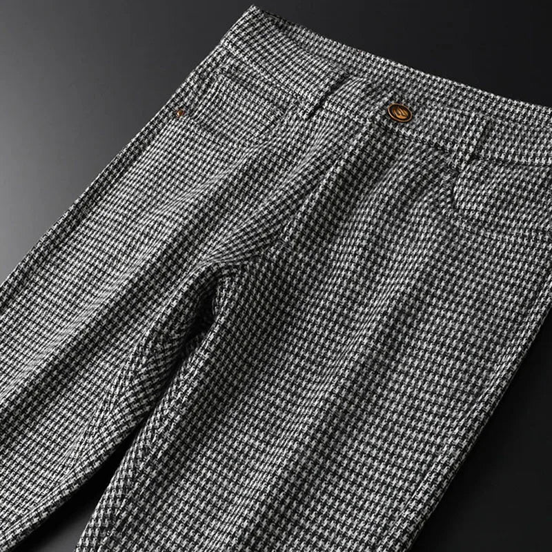 Men's Gray Plaid Woollen Trousers, Slim Straight Fit, Fall | Vexaroa