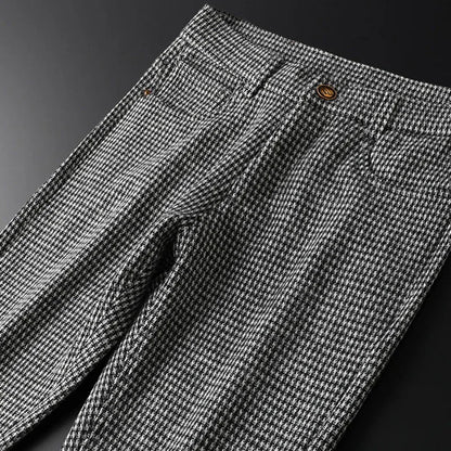 Men's Gray Plaid Woollen Trousers, Slim Straight Fit, Fall | Vexaroa