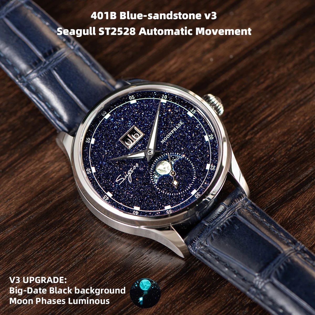 Luxury watch with blue sandstone dial and leather strap on wooden surface