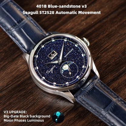 Moonphase Watch of Men 40mm Automatic Mechanical Wristwatches Origin ST2528 Movement Stainless Steel Blue Sandstone Dials