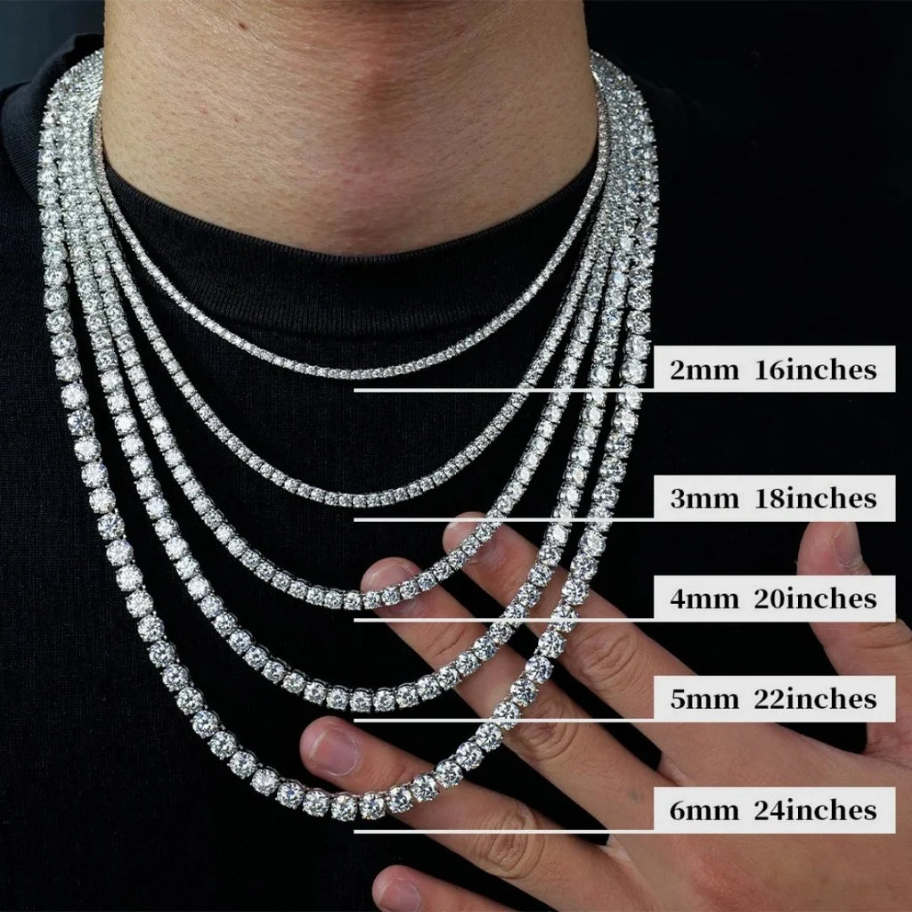 Five silver-toned diamond-encrusted chain necklaces shown on a model's neck and chest, with overlaid labels indicating sizes from 2mm/16 inches to 6mm/24 inches.