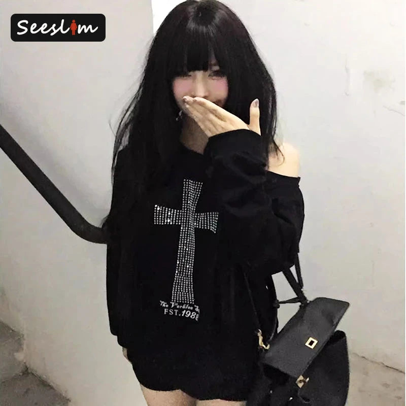 Vexaroa Y2K One-Shoulder Graphic Hoodie product image 1 | Vexaroa