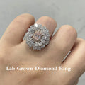A close-up of a hand wearing a large floral cluster ring made of lab-grown diamonds and a central pink gemstone in a silver-toned setting, with the text 'Lab Grown Diamond Ring' overlaid at the bottom.