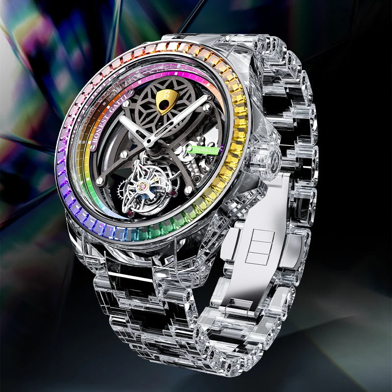 Luxury watch with transparent case and colorful rim on a dark background