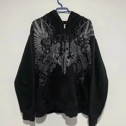 Vintage Popular Dark Rock Hip Hop Print Sports Sweater Women Y2K Streetwear Casual Joker Plus Velvet Padded Fur Collar Hoodies