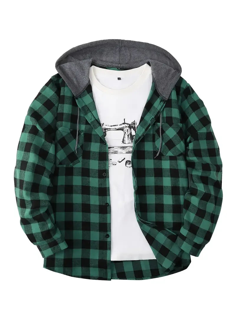 Vexaroa Men's Plaid Flannel Hooded Shirt – Casual Streetwear Top
