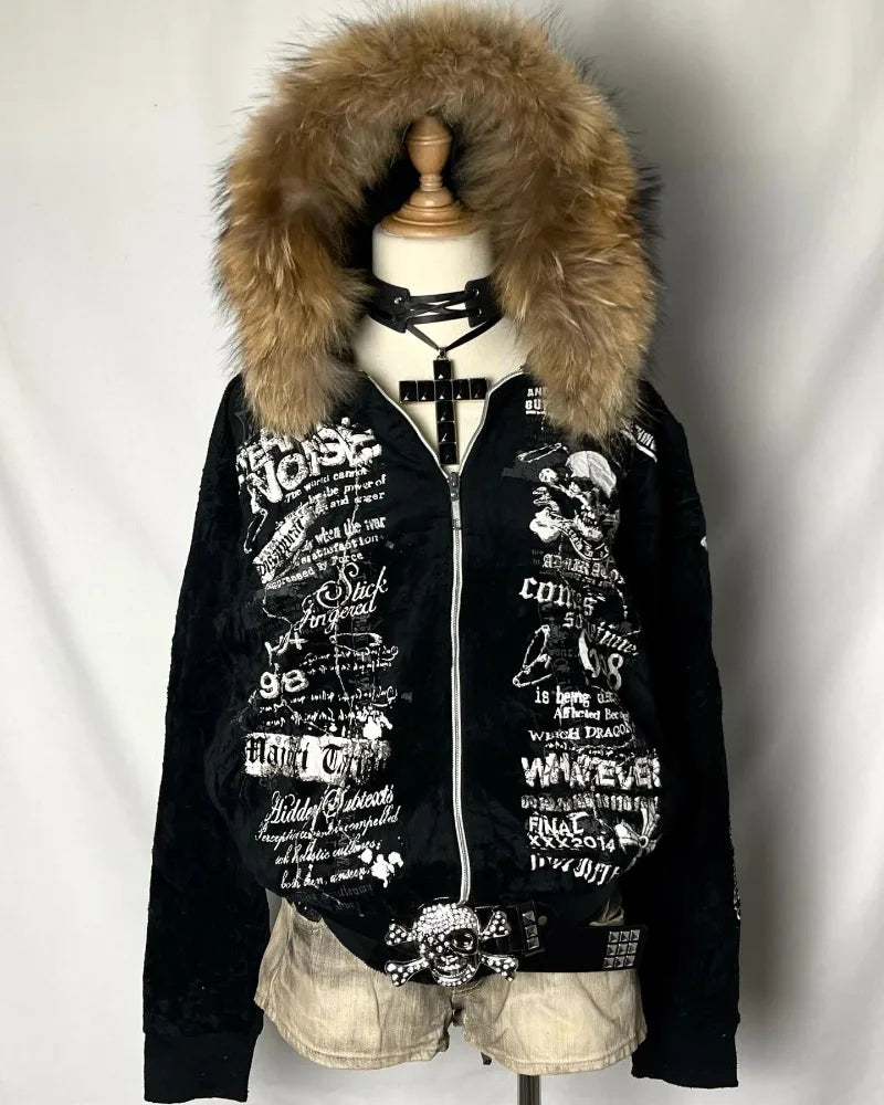 Vintage Popular Dark Rock Hip Hop Print Sports Sweater Women Y2K Streetwear Casual Joker Plus Velvet Padded Fur Collar Hoodies