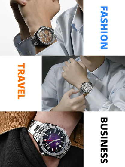 Three watches on different wrists with 'Fashion', 'Travel', and 'Business' text.