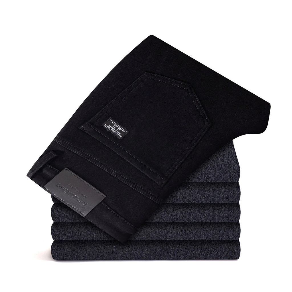2027 Winter Warm Fleece Men's Jeans Gray Black Cotton Slim Elastic Business Denim Pants Thicked Trousers Male Skinny Streetwear