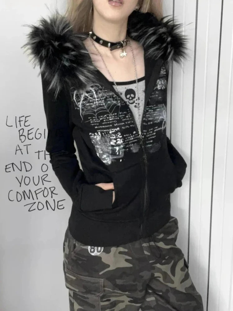 Y2K European and American spice girls fur collar rhinestones retro autumn and winter female zipper coat slim hooded sweater