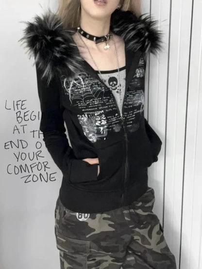 Y2K European and American spice girls fur collar rhinestones retro autumn and winter female zipper coat slim hooded sweater