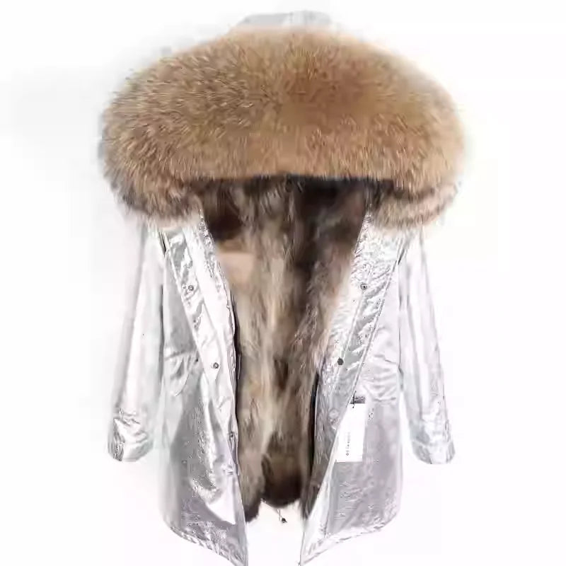 A silver metallic winter parka with a large brown and beige fur hood, shown from the back on a white background.