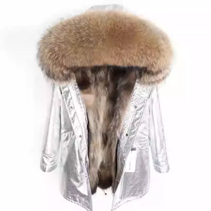Vexaroa Women's Real Natural Fur Coat Long Hooded Parka with Fur Liner Winter Jacket