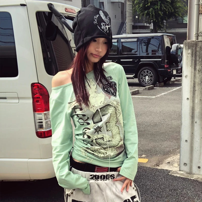 Vexaroa Mint Green Y2K Graphic Long Sleeve Tee product photo, view 4
