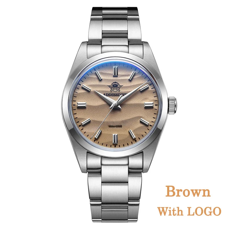Silver watch with brown face and logo on a white background