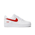 A white Nike Air Force 1 Lowee sneaker featuring a red Swoosh and a red Supreme box logo on the side, shown against a plain white background.