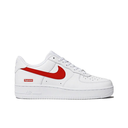 A white Nike Air Force 1 Lowee sneaker featuring a red Swoosh and a red Supreme box logo on the side, shown against a plain white background.